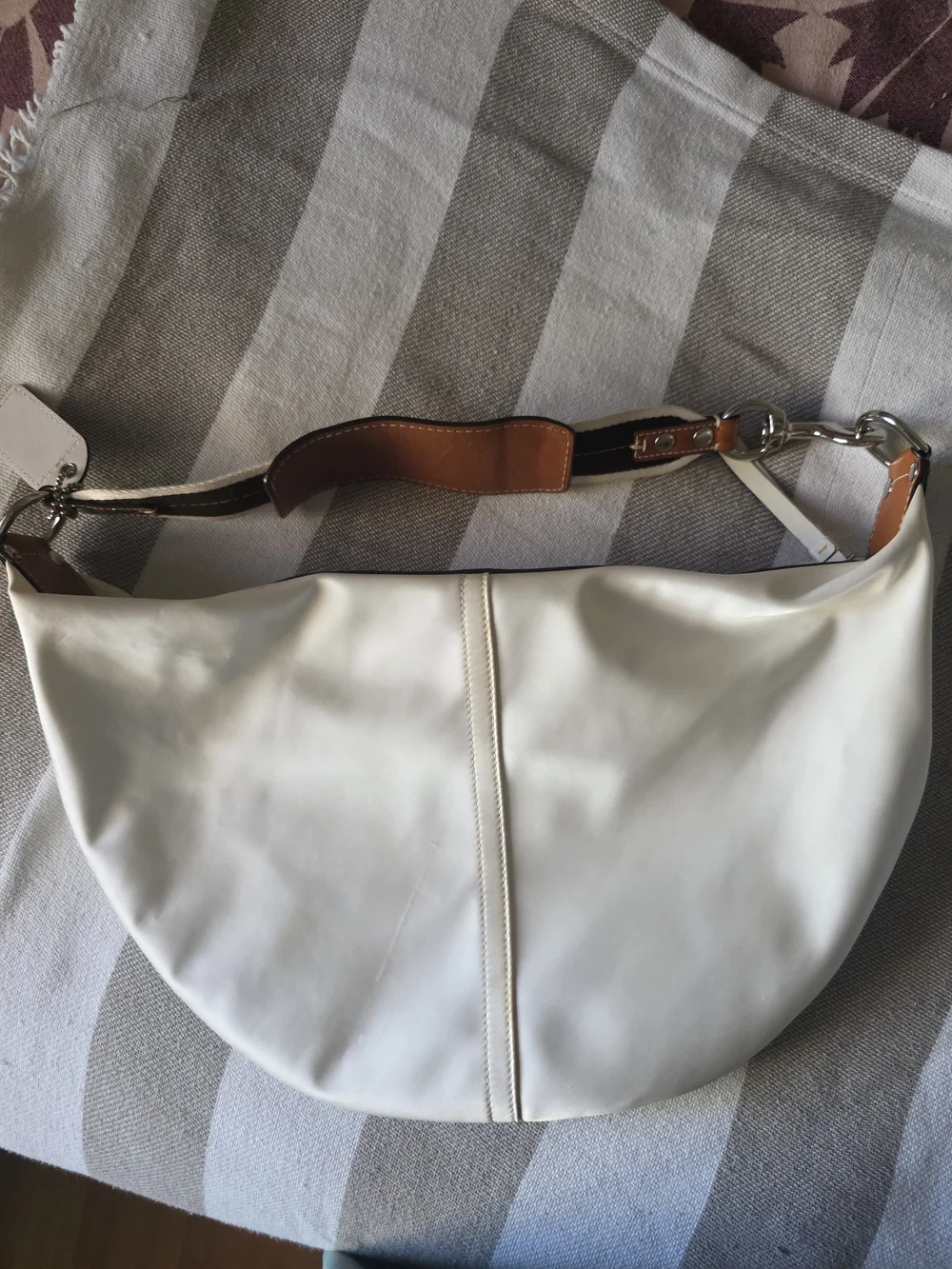 Coach Hampton Weekend White Satin Hobo with Yellow and Brown Strap Accents
